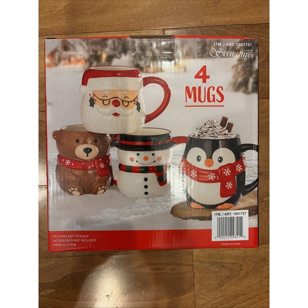 Costco Signature Housewares Christmas Mugs 4 Pack 3D Santa Snowman Stoneware